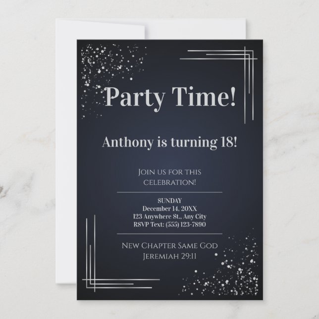 Modern Dark Blue & Silver 18th Birthday Invitation (Devant)
