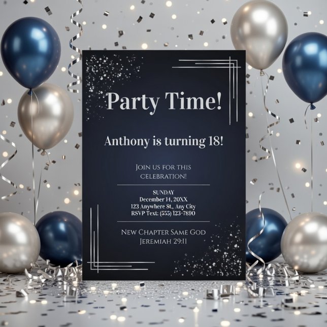 Modern Dark Blue & Silver 18th Birthday Invitation (Créateur téléchargé)