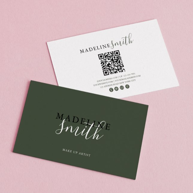 Modern Dark Green Script QR code Visitenkarte (Von Creator hochgeladen)