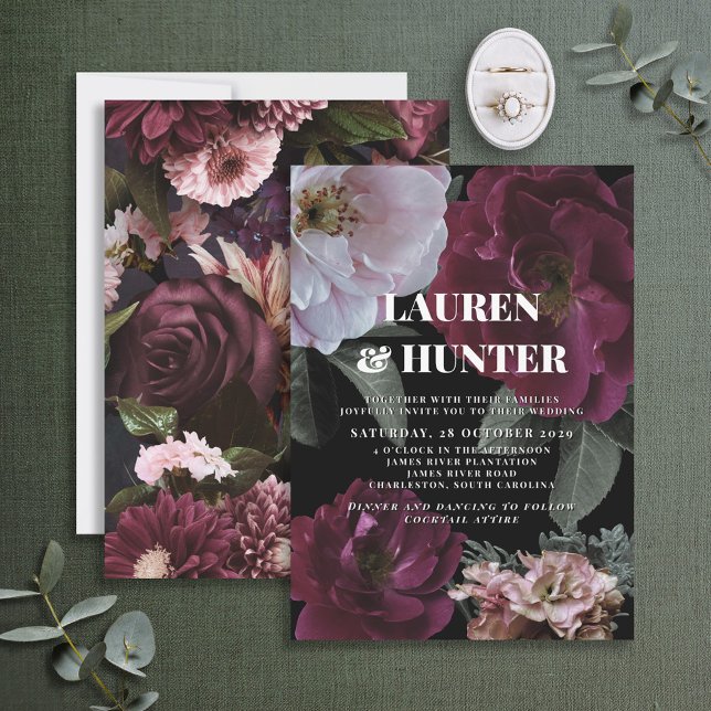 Modern Dark Moody Burgundy Pink Floral Wedding Inv Einladung (Von Creator hochgeladen)