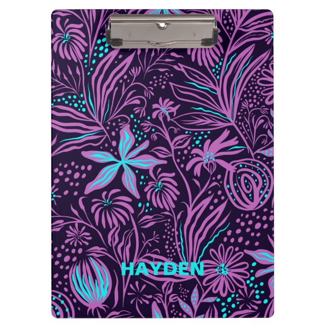 Modern Dark Purple Floral Pattern Personalised Klemmbrett (Vorderseite)