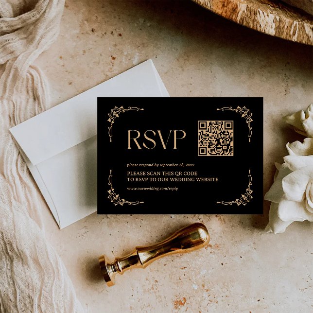 Modern Deco | Black and Gold Wedding QR Code RSVP Karte (Von Creator hochgeladen)