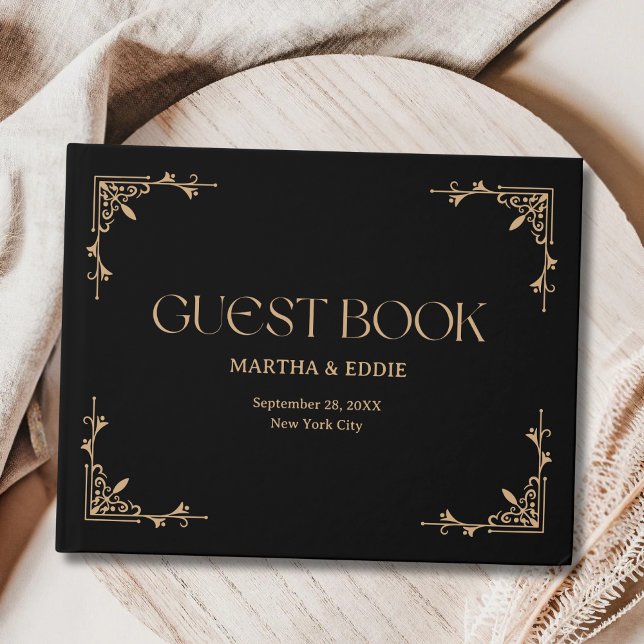 Modern Deco | Elegant Black and Gold Wedding Gästebuch (Elegant black and gold guest book keeps cherished wedding wishes in timeless deco style.)
