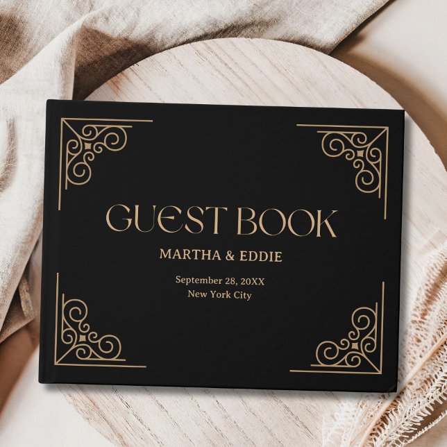 Modern Deco | Elegant Black and Gold Wedding Gästebuch (Elegant black and gold guest book holds heartfelt wedding wishes in a timeless deco style.)