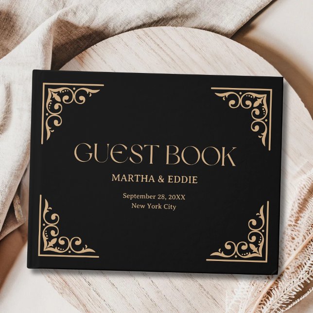 Modern Deco | Elegant Black and Gold Wedding Gästebuch (Elegant black and gold guest book keeps every wedding message beautifully preserved.)