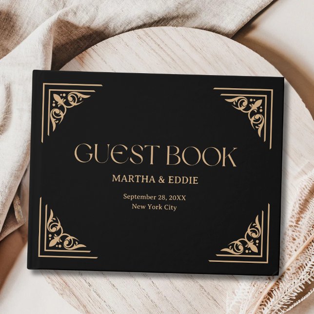 Modern Deco | Elegant Black and Gold Wedding Gästebuch (Elegant black and gold guest book captures heartfelt wedding memories in timeless deco style.)