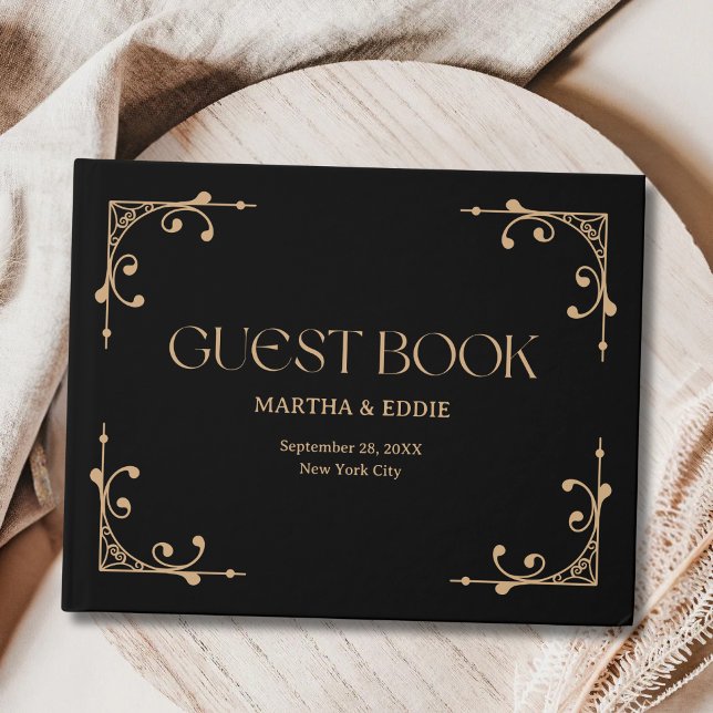 Modern Deco | Elegant Black and Gold Wedding Gästebuch (Modern deco black and gold guest book preserves heartfelt wedding notes with timeless elegance.)