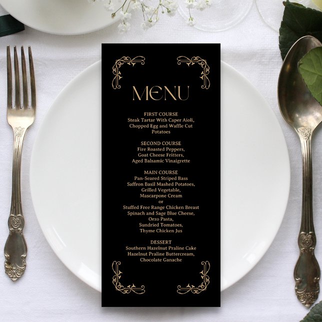 Modern Deco | Elegant Black and Gold Wedding Menükarte (Von Creator hochgeladen)