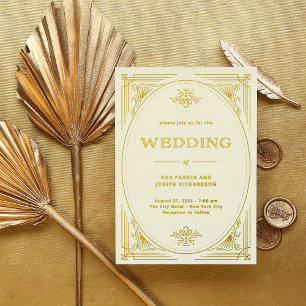 Modern Deco   Elegante Hochzeit in Elfenbein und G Folieneinladung