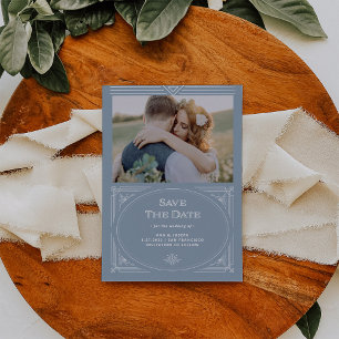 Modern Deco Elegante staubblaue und weiße Fotos Save The Date