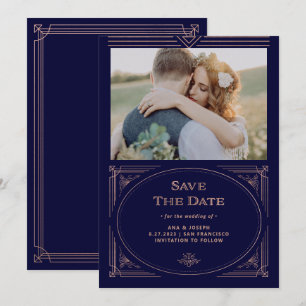 Modern Deco   Falsches Roségold und Marineblau Fot Save The Date