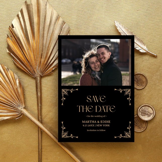 Modern Deco | Faux Gold and Black Photo Wedding Save The Date (Von Creator hochgeladen)