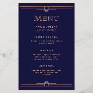 Modern Deco   Rose Gold auf Navy Blau Hochzeitsmen Flyer