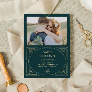 Modern Deco   Smaragdgrün und Champagner-Foto Save The Date
