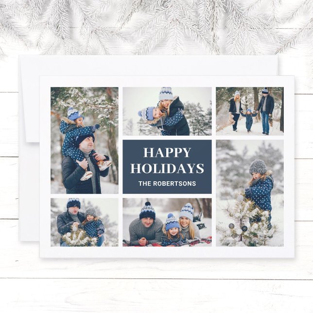 Modern Deep Blue Family 8 Foto Weihnachtskarte (Modern, elegant family in winter photo collage Christmas greeting card in navy blue, Happy Holidays.)