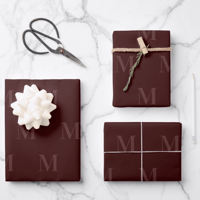 Modern Deep Burgundy Minimalistisch Monogram Geschenkpapier Set (Vorderseite)