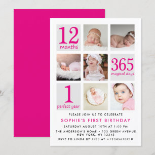 Modern Deep Pink Foto Collage Erster Geburtstag Einladung