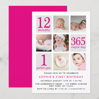Modern Deep Pink Foto Collage Erster Geburtstag Einladung
