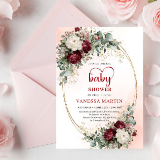 Modern Deep Red Floral Gold Baby Shower Invite Einladung