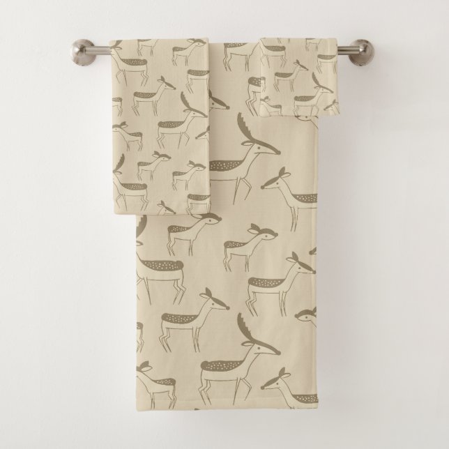 Modern Deer Illustration Beige Pattern Bath Towel  Badhandtuch Set (Insitu)