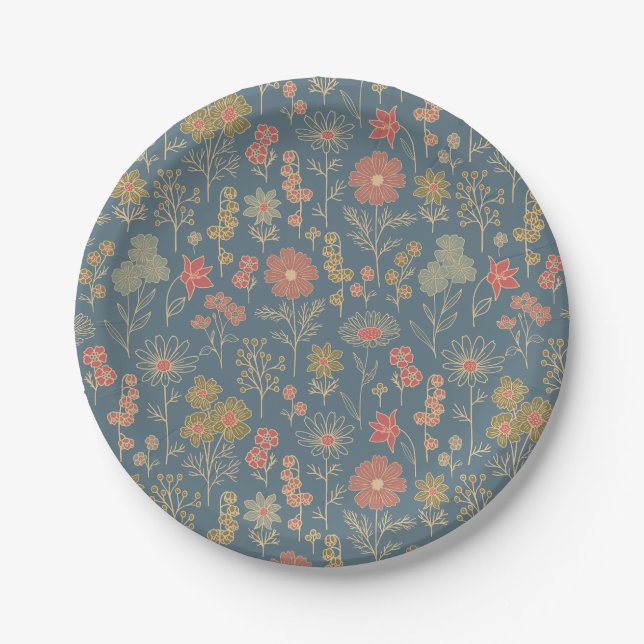 Modern Denim Blue & Coral Floral Pappteller (Vorderseite)