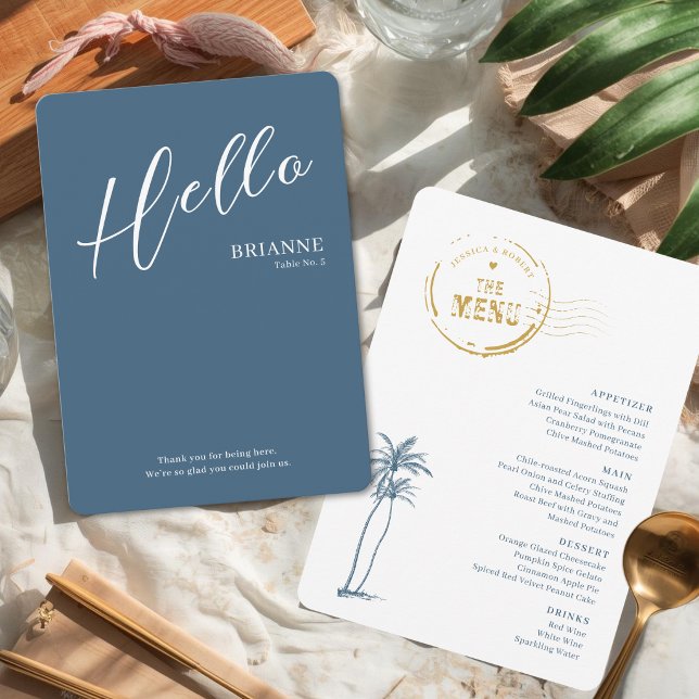 Modern Destination Wedding Place and Menu Card Menükarte (Modern three in one menu, name card and greeting message.)