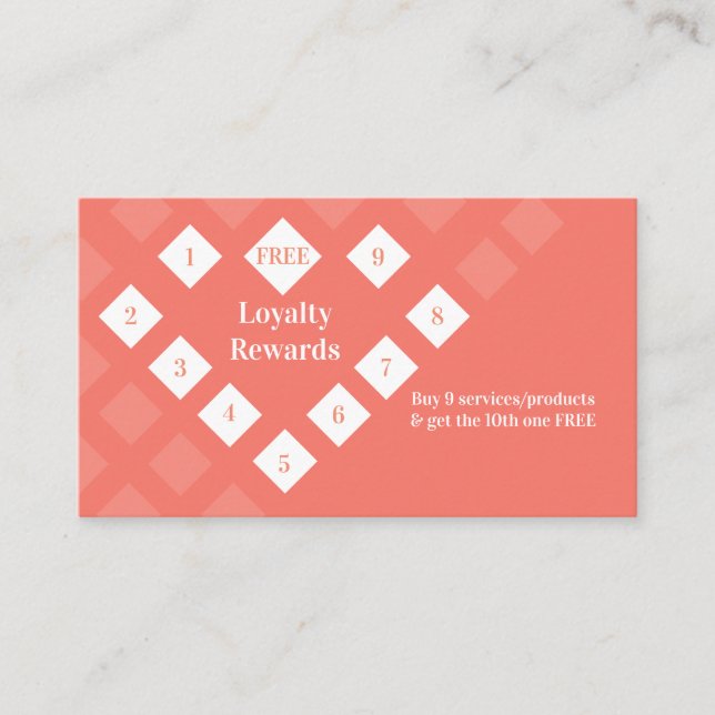 Modern Diamond Heart Loyalty Rewards Coral Visitenkarte (Vorderseite)