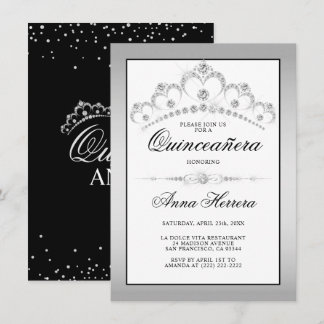 Modern Diamond Tiara Schwarz-weiß QUINCEAÑERA Einladung
