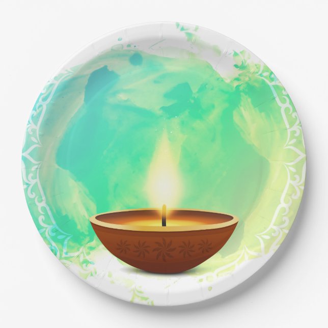 Modern Diwali Diya Green Watercolor Pappteller (Vorderseite)