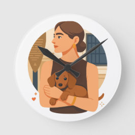 Modern Dog Mom Aesthetic With Cute Puppy Runde Wanduhr