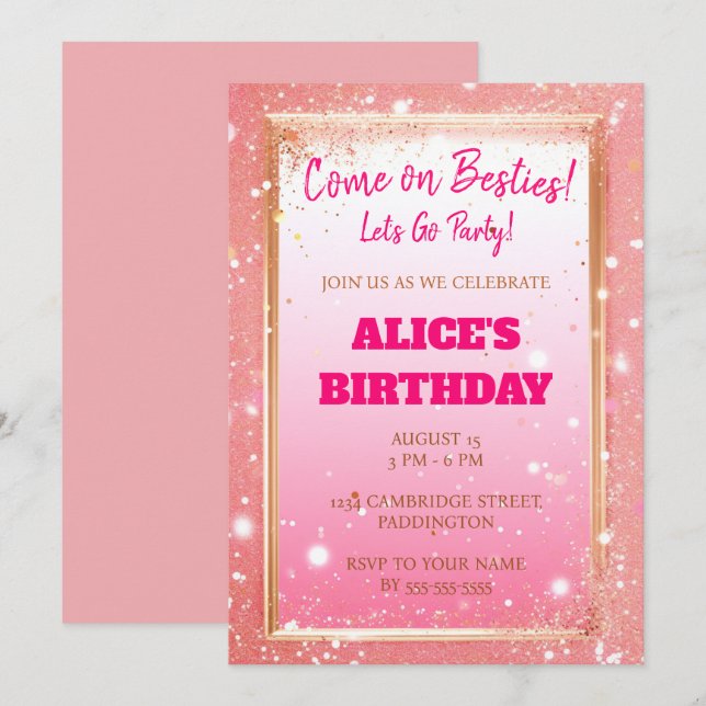 Modern Doll Pink Glitzer Geburtstag Einladung (Vorne/Hinten)