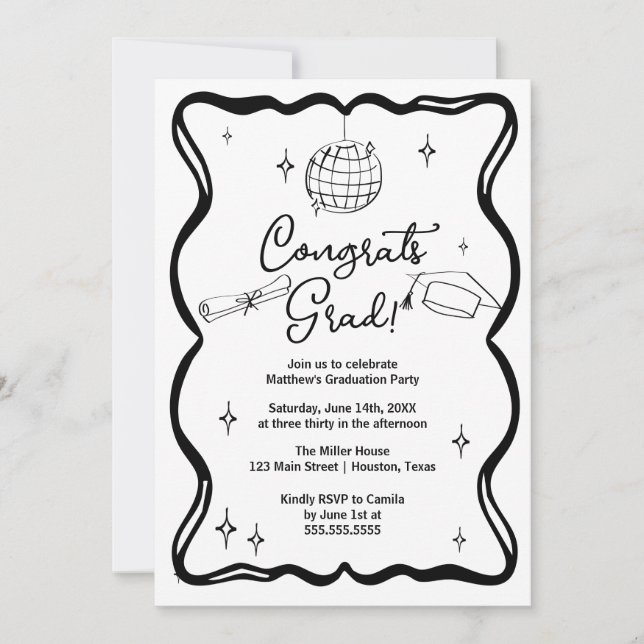 Modern doodle Congrats grad! Graduation Invitation Einladung (Vorderseite)