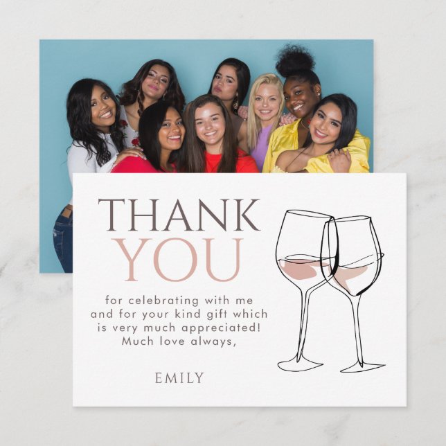 Modern Doodle Wine Photo Thank You Bridal Shower Dankeskarte (Vorne/Hinten)