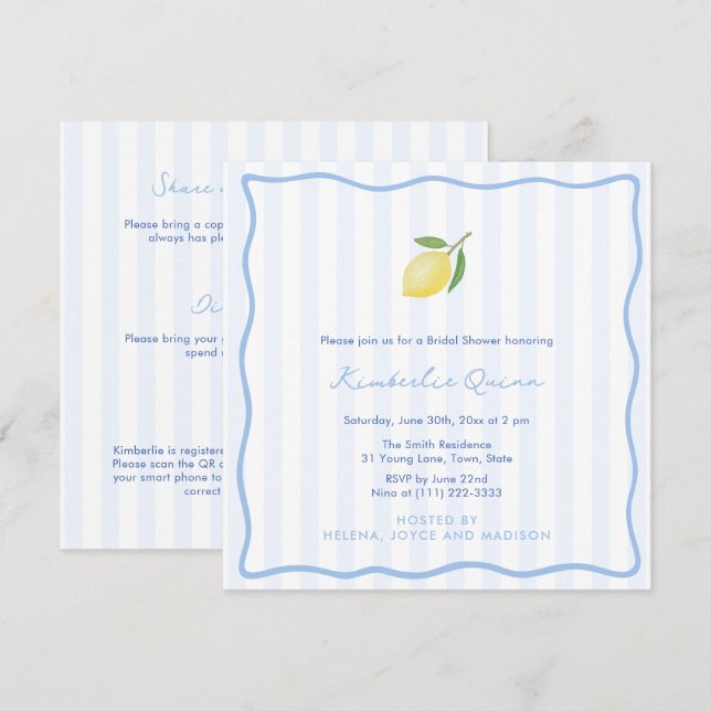 Modern Doodles And Stripes Lemon Bridal Shower Einladung (Vorne/Hinten)