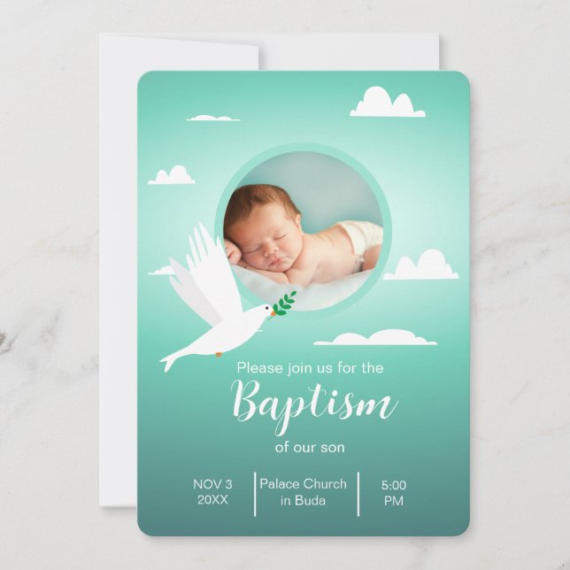 Modern Dove Teal Blue Baptism Invitation for Boy (Devant)