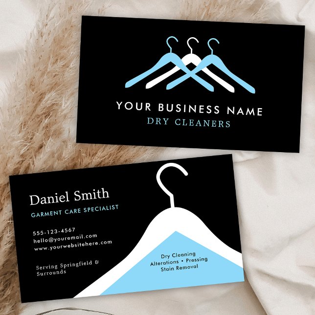 Modern Dry Cleaning Laundry Hanger Black & Blue Visitenkarte (Professional sry cleaners business cards in black and blue)