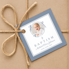 Modern Dusty Blue Boy Baptism Photo Geschenkanhänger