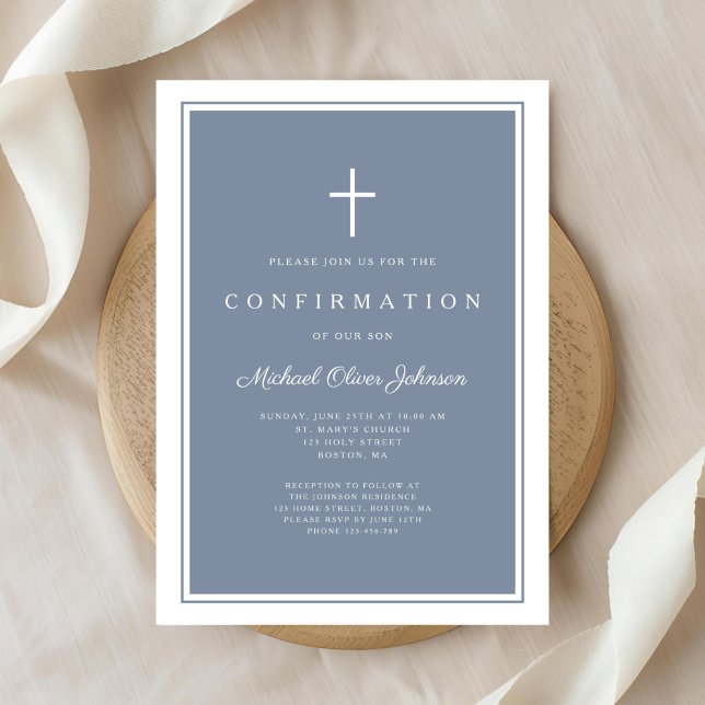 Modern Dusty Blue Cross Boy Confirmation Einladung (Modern Dusty Blue Cross Boy Confirmation Invitation)