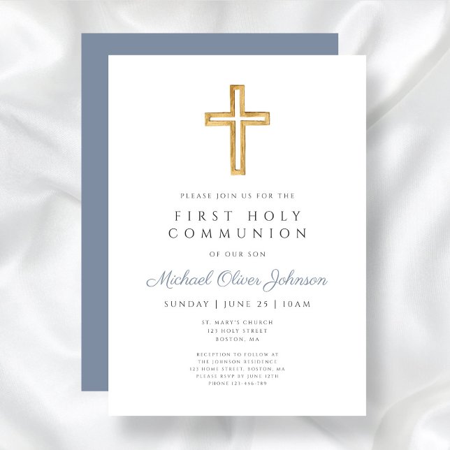 Modern Dusty Blue Cross Boy Erste Heilige Kommune Einladung (Modern Dusty Blue Cross Boy First Holy Communion Invitation)