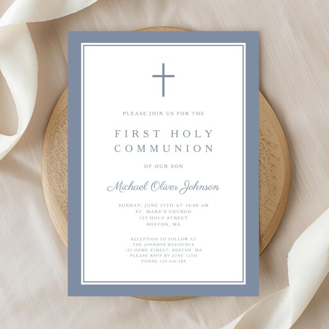 Modern Dusty Blue Cross Boy Erste Kommune Einladung (Modern Dusty Blue Cross Boy First Communion Invitation)