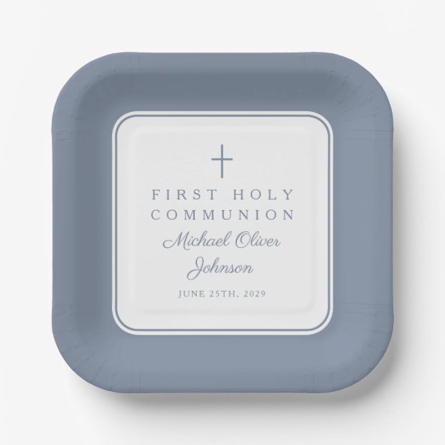 Modern Dusty Blue Cross Boy First Communion Pappteller (Vorderseite)