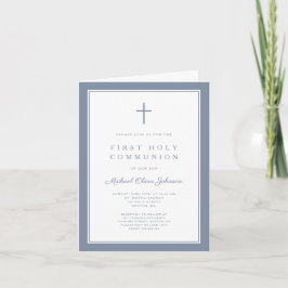 Modern Dusty Blue Cross Boy First Holy Communion Einladung