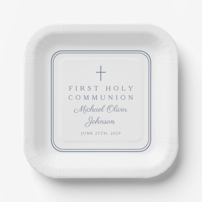 Modern Dusty Blue Cross Boy First Holy Communion Pappteller (Vorderseite)