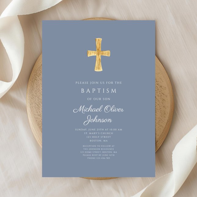 Modern Dusty Blue Cross Boy Taufe Einladung (Modern Dusty Blue Cross Boy Baptism Invitation)