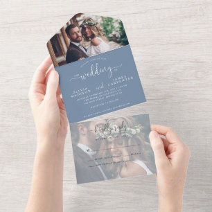 Modern Dusty Blue Elegante Script 2 Foto Wedding All In One Einladung
