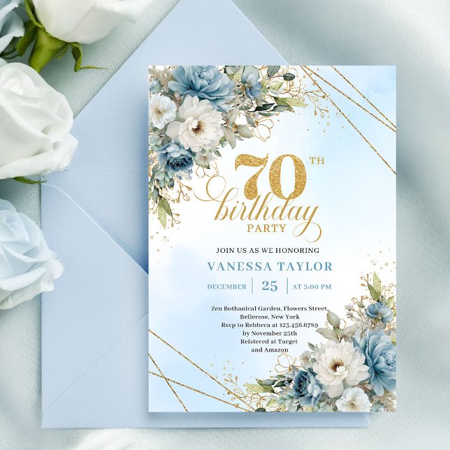 Modern dusty blue eucalyptus gold 70th birthday   einladung (Modern dusty blue eucalyptus gold 70th birthday invite

)
