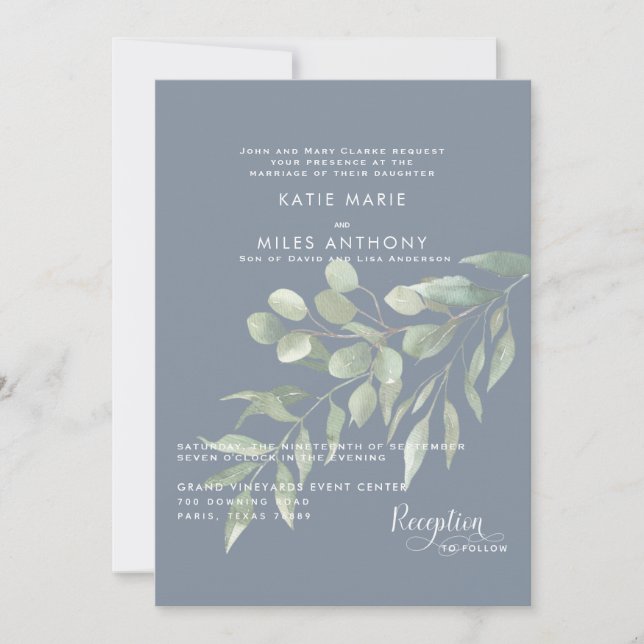 Modern Dusty Blue Eucalyptus Wedding Einladung (Vorderseite)