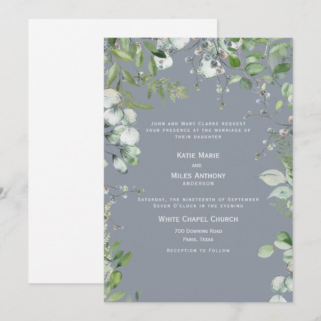 Modern Dusty Blue Eucalyptus Wedding Einladung (Vorne/Hinten)