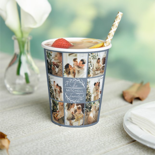 Modern Dusty Blue Family Foto Collage Monogram Pappbecher (In Situ)