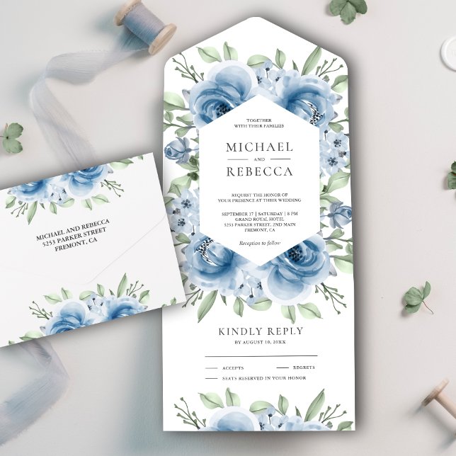 Modern Dusty Blue Floral Bouquet Grüne Hochzeit All In One Einladung (Von Creator hochgeladen)